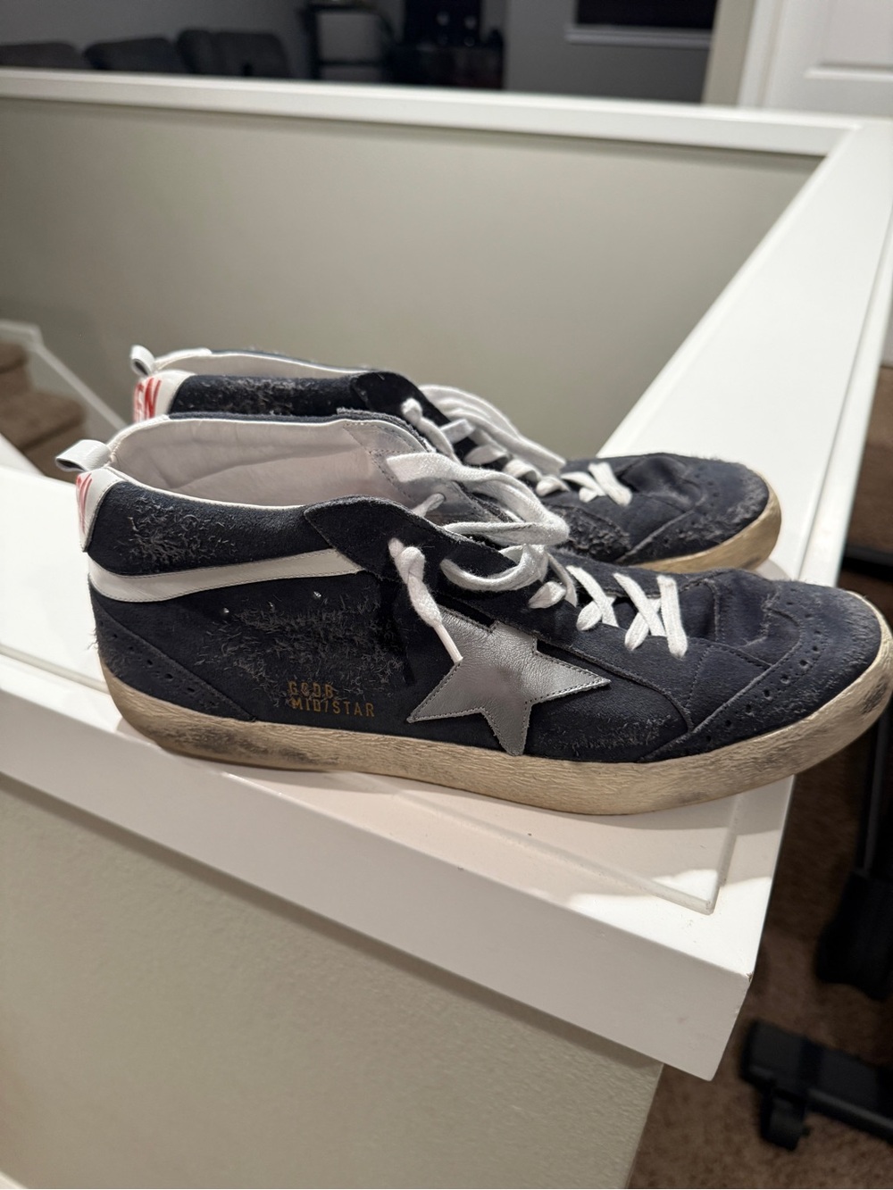 Golden Goose Mid Navy Suede Sneakers with White Star